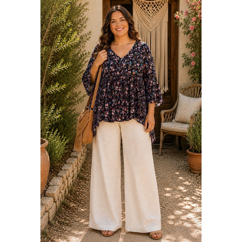 Dear Scarlett 3X Black Floral Empire Waist Tunic Top V-Neck Boho Plus Size AB35